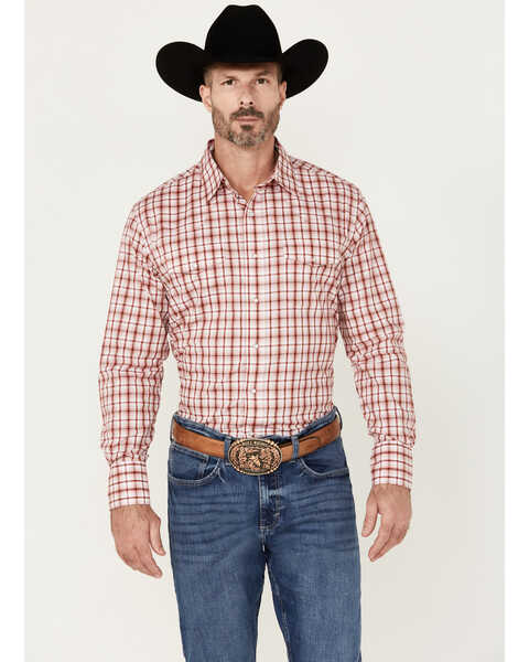 Wrangler Men's Plaid Print Long Sleeve Pearl Snap Western Shirt, Red, hi-res