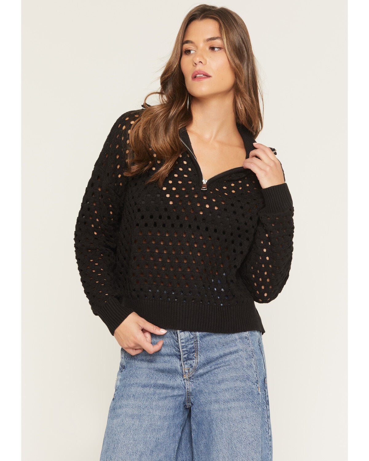 Elan Women's Crochet Half Zip Long Sleeve Sweater | Sheplers