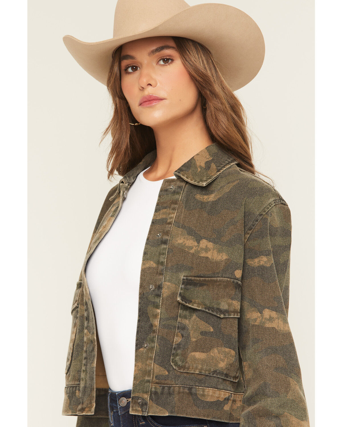 Image #2 - Ashley Women's Camo Print Denim Shacket, Green, hi-res