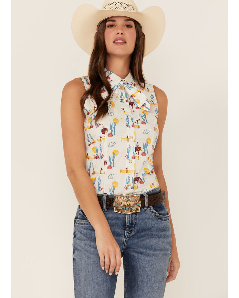 Panhandle Women's Cactus Print Sleeveless Western Snap Shirt, Ivory, hi-res