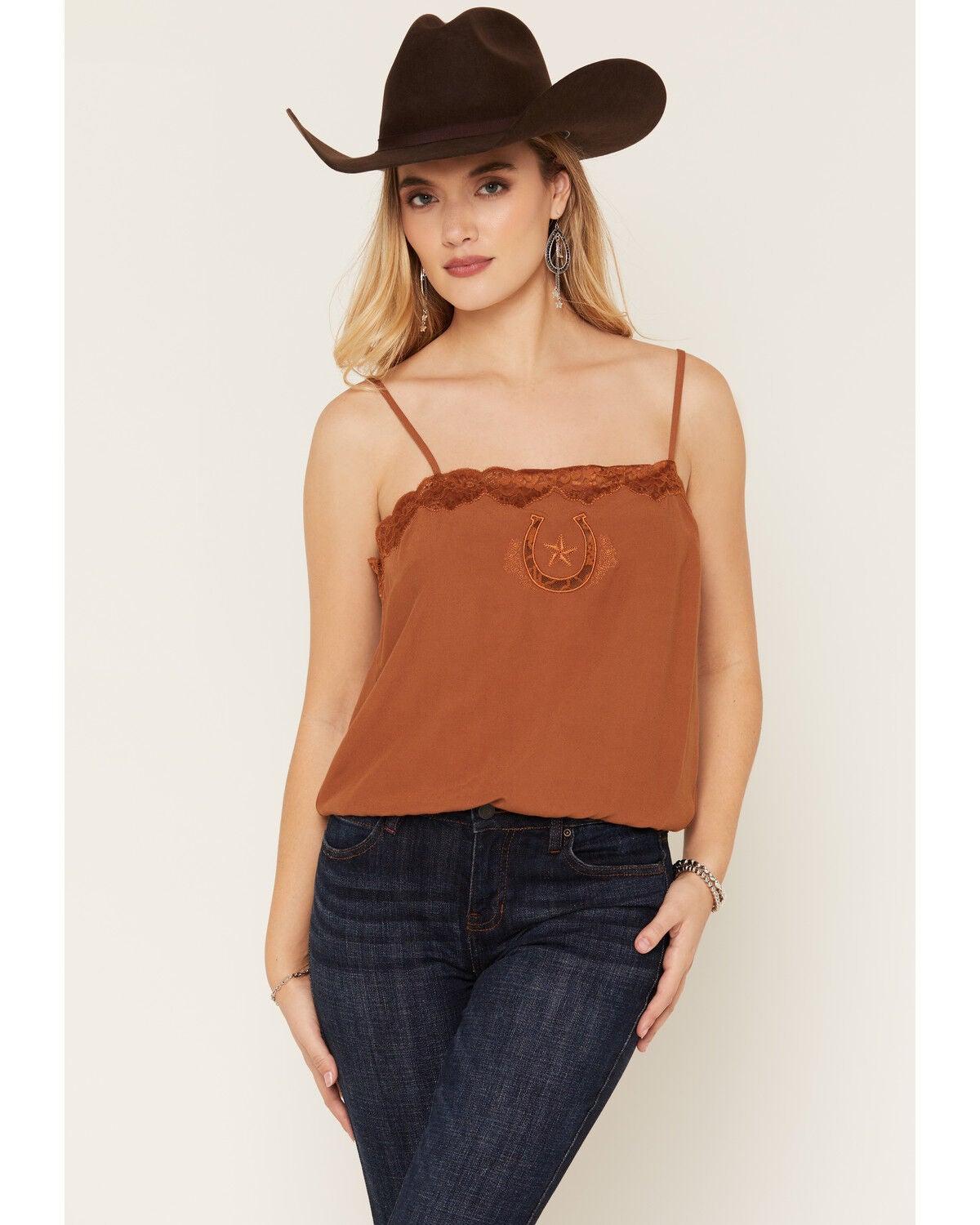 Image #2 - Idyllwind Women's Sage Satin Lace Cami, Caramel, hi-res