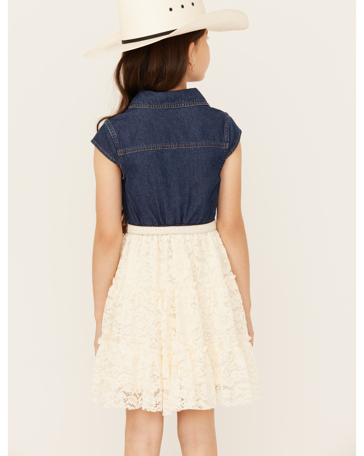 Image #4 - Sugar California Girls' Belted Denim Lace Mini Dress, Cream, hi-res