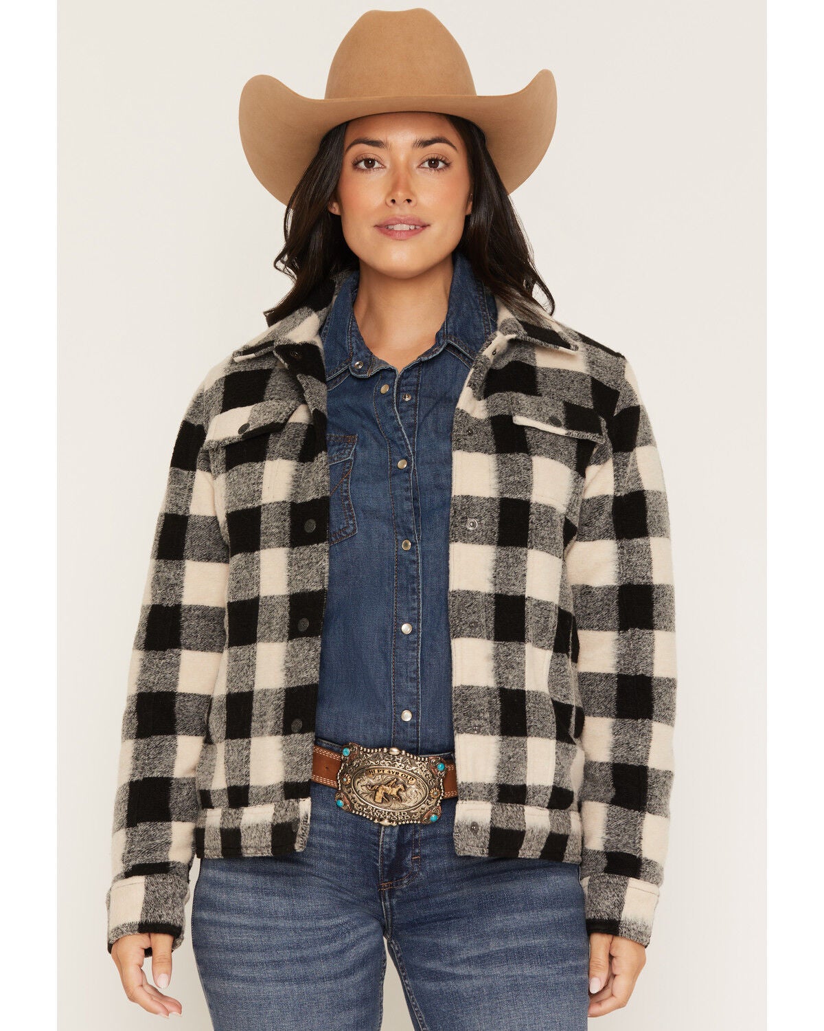 Outback Trading Co Women's Mary Kate Plaid Print Snap Sherpa Jacket, Black, hi-res