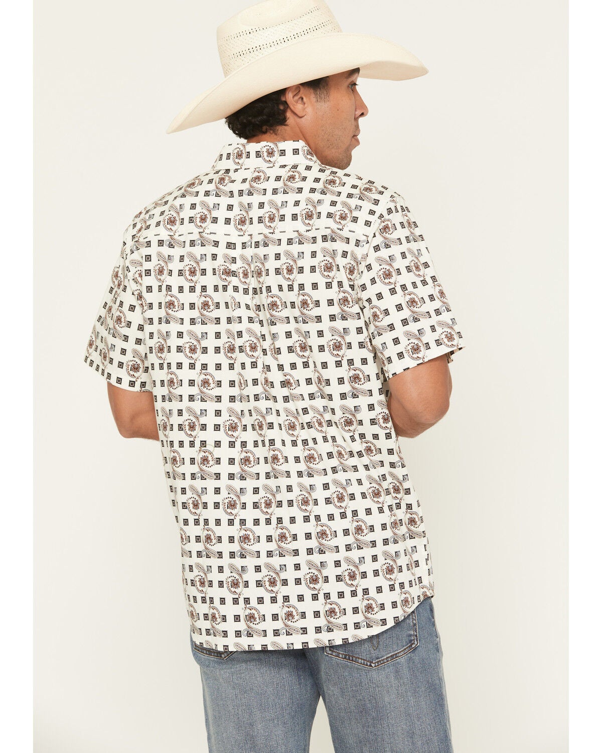 Image #4 - Cody James Men's Geo Paisley Print Short Sleeve Button-Down Stretch Western Shirt, Cream, hi-res