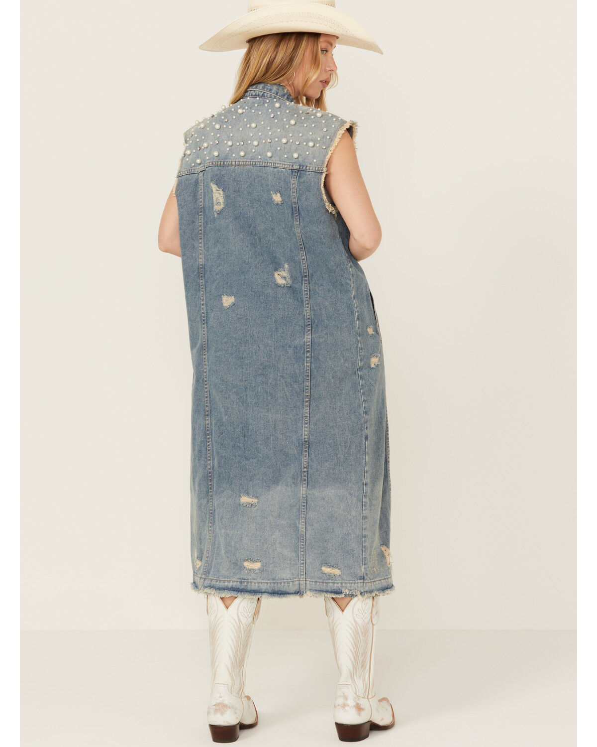 Image #4 - Veveret Women's Pearl Long Denim Vest, Medium Wash, hi-res