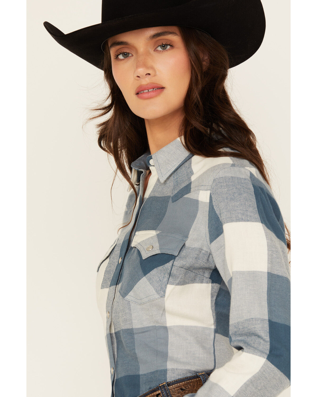 Image #2 - Wrangler Retro Women's Buffalo Plaid Print Long Sleeve Pearl Snap Flannel Shirt, Blue, hi-res