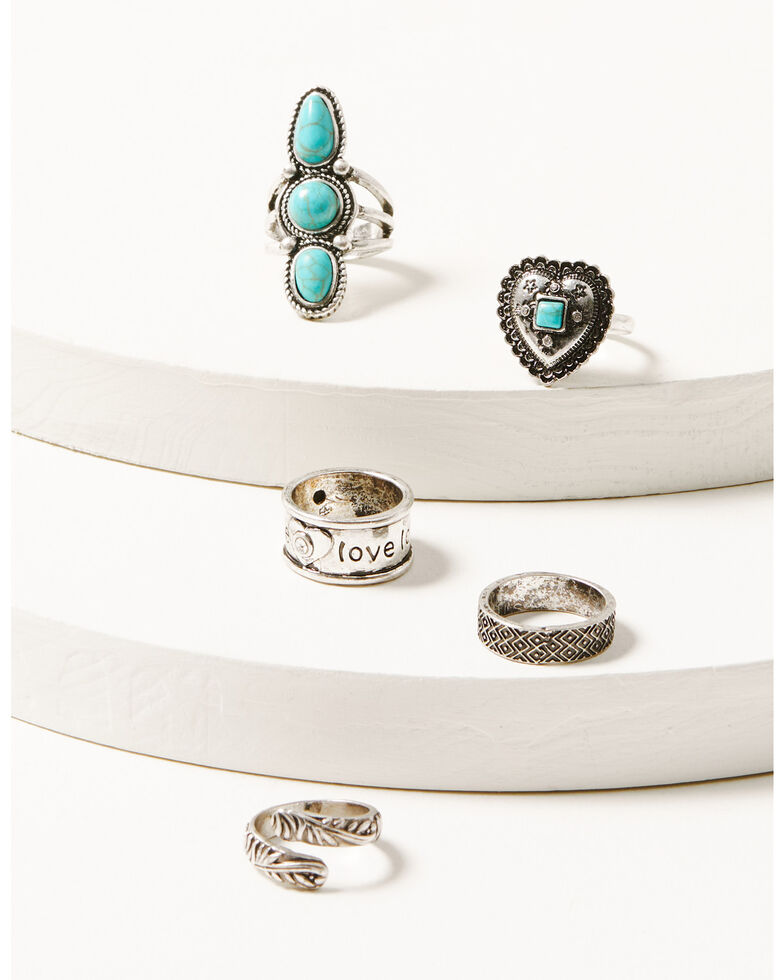 Shyanne Women's Silver & Turquoise Heart Wrap 5-piece Ring Set, Silver, hi-res