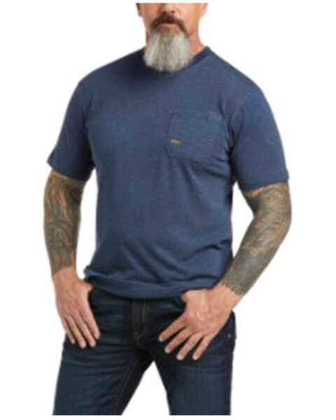 Image #1 - Ariat Men's Rebar American Outdoors Flag Graphic Short Sleeve Work Pocket T-Shirt , Heather Blue, hi-res