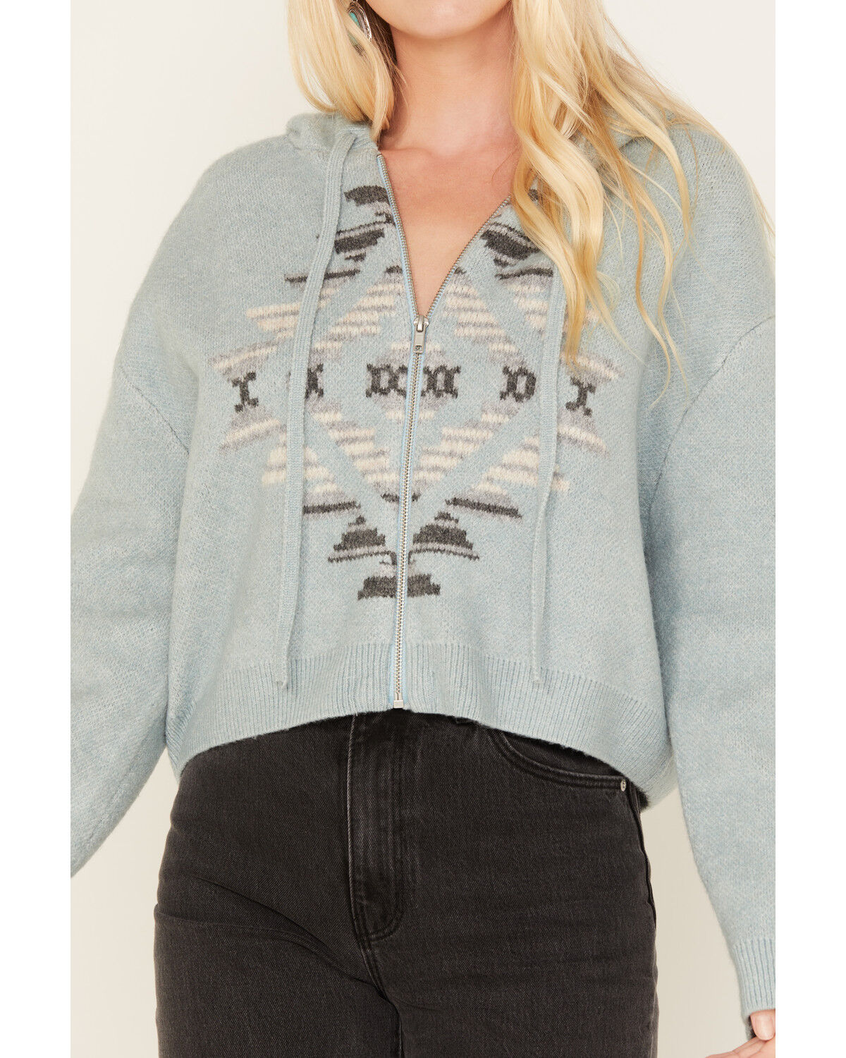 Image #3 - Ariat Women's Agave Garden Intarsia Southwestern Knit Zip Hooded Pullover, Teal, hi-res