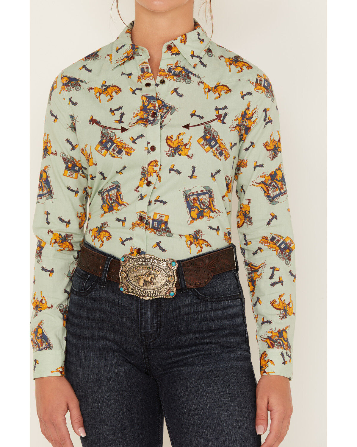 Image #3 - Cruel Girl Women's Western Toss Print Long Sleeve Snap Shirt, Green, hi-res