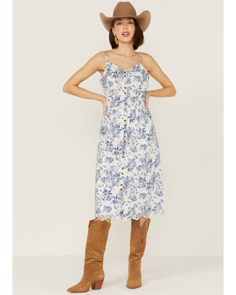 Beyond The Radar Women's Floral Eyelet Hem Sleeveless Midi Dress , Blue, hi-res