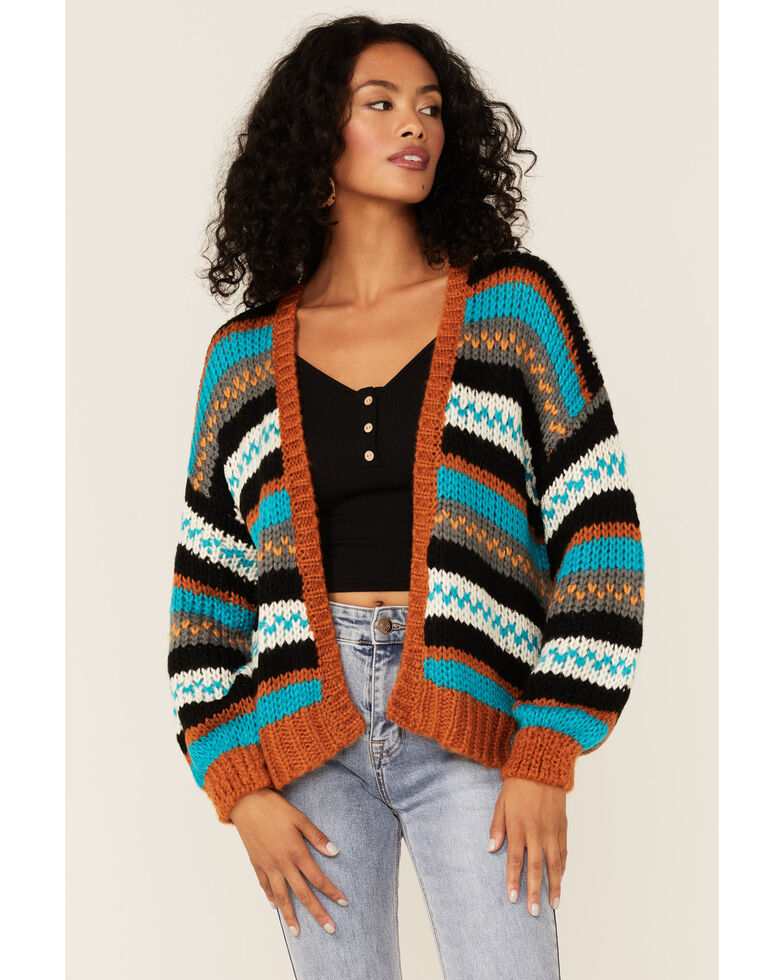 Rock & Roll Denim Women's Rust & Teal Striped Cardigan Sweater, Rust Copper, hi-res
