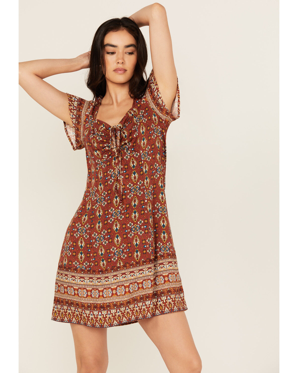 Image #2 - Idyllwind Women's Saxony Tapestry Print Short Sleeve Mini Dress, Caramel, hi-res