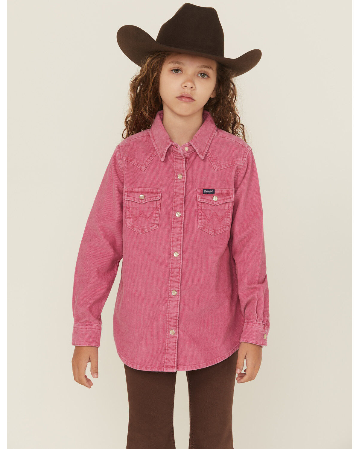 Image #1 - Wrangler Girls' Corduroy Long Sleeve Snap Western Shirt, Pink, hi-res