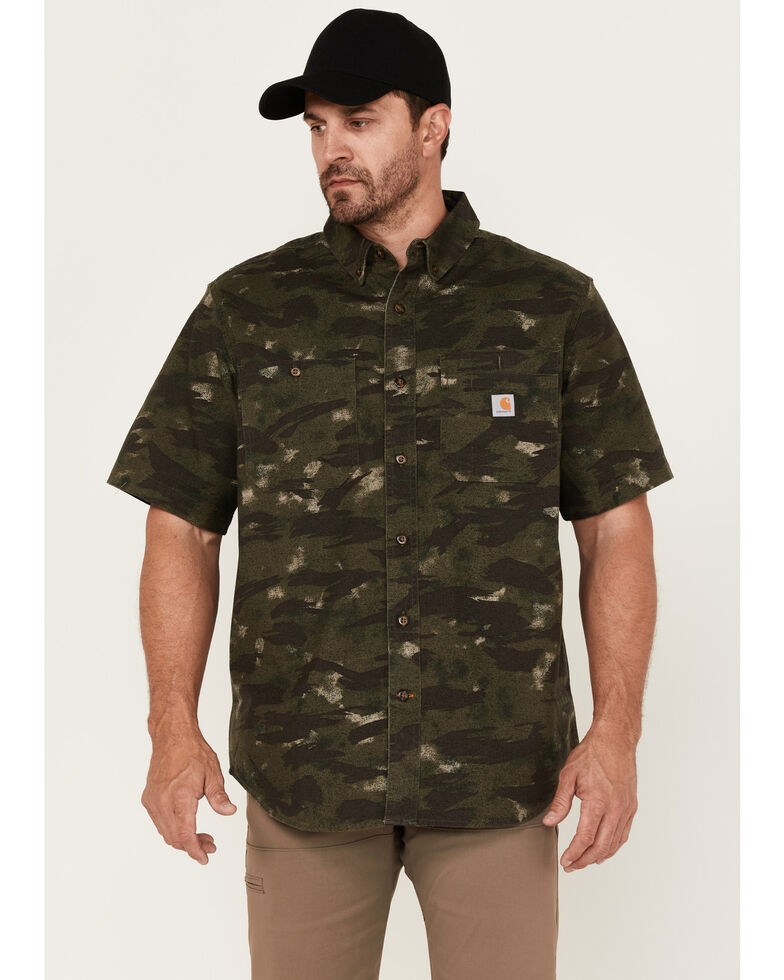 Carhartt Men's Rugged Flex Blind Fatique Camo Print Short Sleeve Button-Down Western Shirt , Green, hi-res