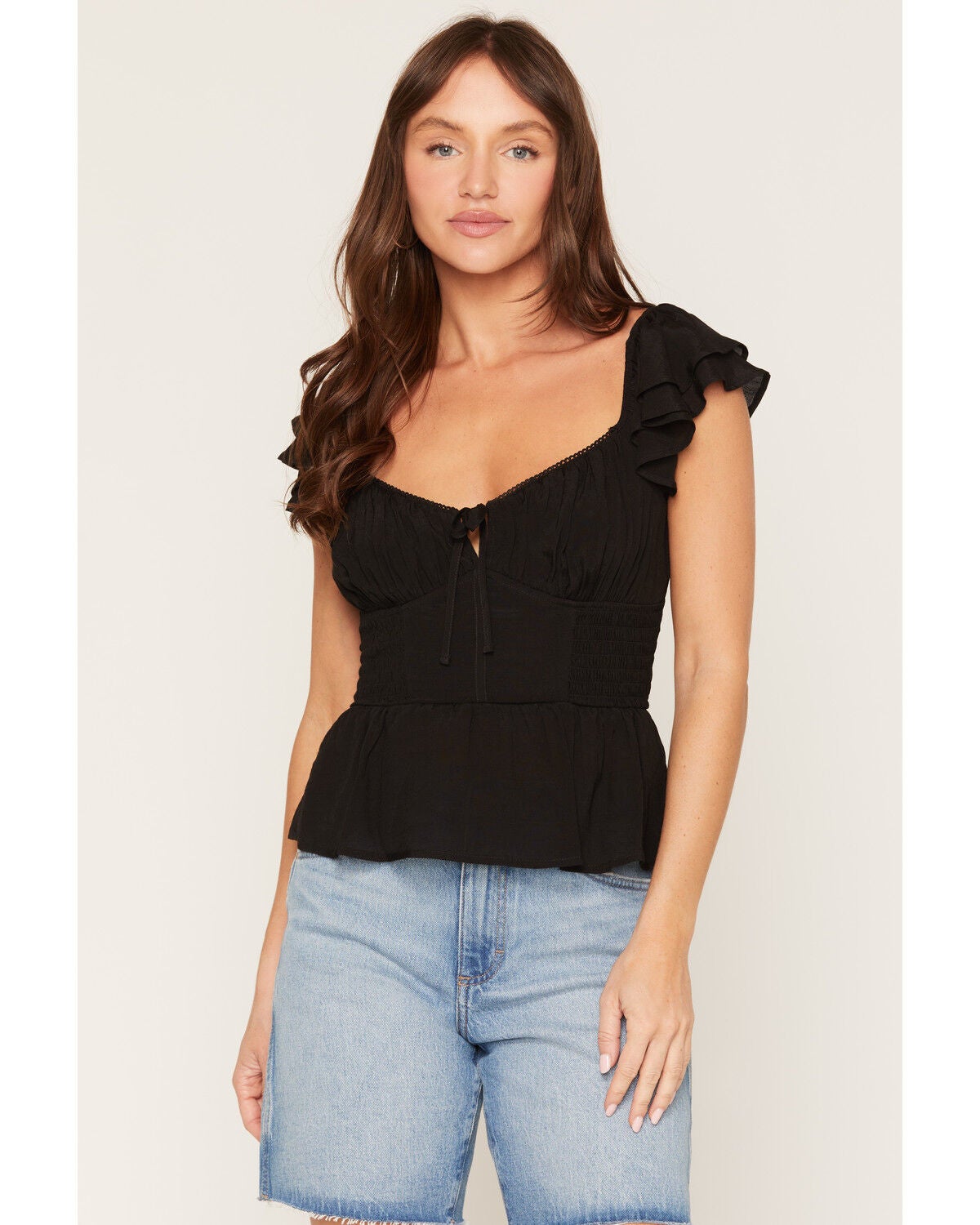 Ash & Violet Women's Flutter Sleeve Corset Top, Black, hi-res