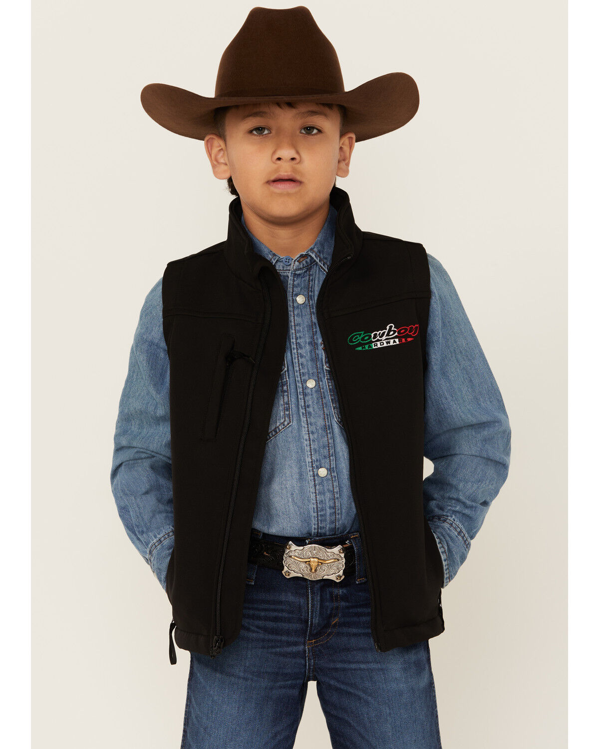 Image #1 - Cowboy Hardware Boys' Hecho en Mexico Vest, Black, hi-res