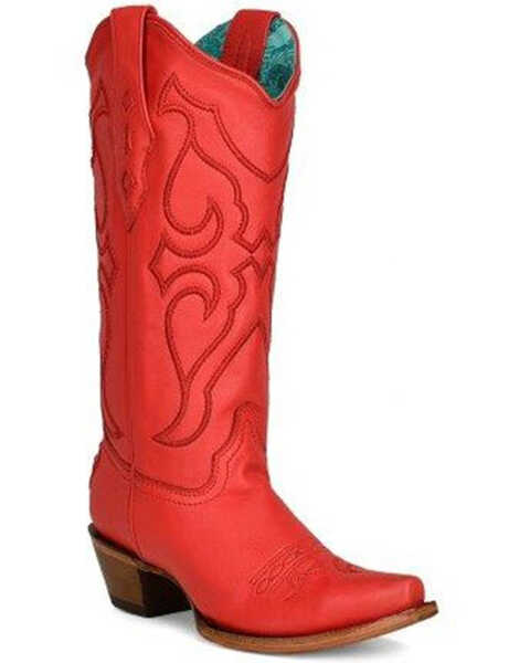 Image #1 - Corral Women's Matching Stitch Pattern & Inlay Western Boots - Snip Toe, Red, hi-res