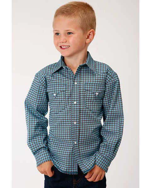 Image #1 -  West Made Boys' Central Geo Print Long Sleeve Western Shirt , Turquoise, hi-res