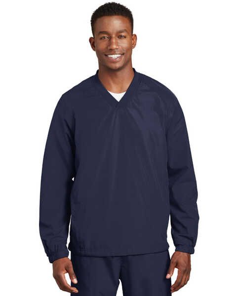Sport-Tek Men's V-Neck Raglan Wind Work Shirt Jacket , Navy, hi-res