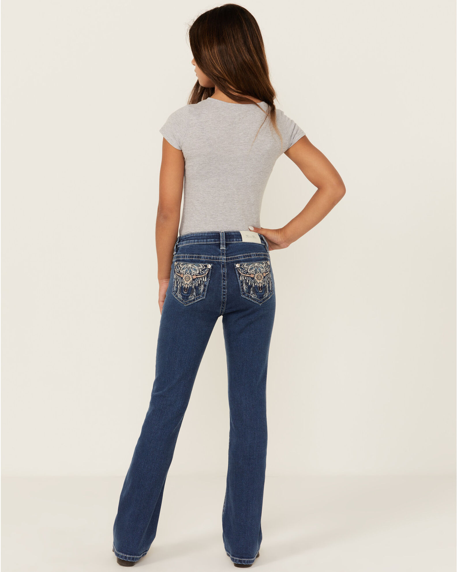 Image #1 - Miss Me Girls' Dark Wash Steerhead Pocket Bootcut Stretch Denim Jeans, Blue, hi-res