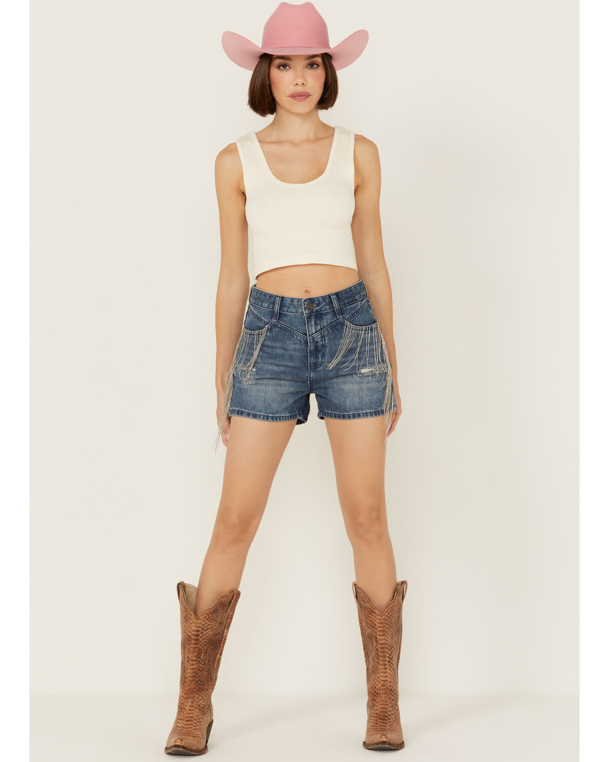 Image #1 - Rock & Roll Denim Women's Medium Wash High Rise Chain Fringe Denim Shorts, Medium Wash, hi-res