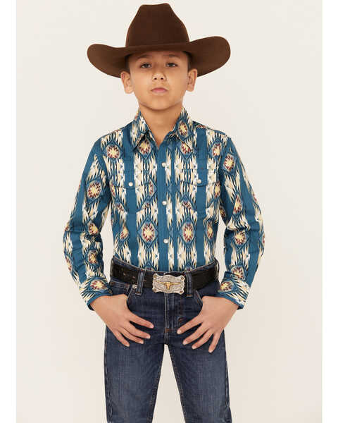 Image #1 - Wrangler Boys' Checotah Southwestern Striped Print Long Sleeve Pearl Snap Western Shirt , Navy, hi-res