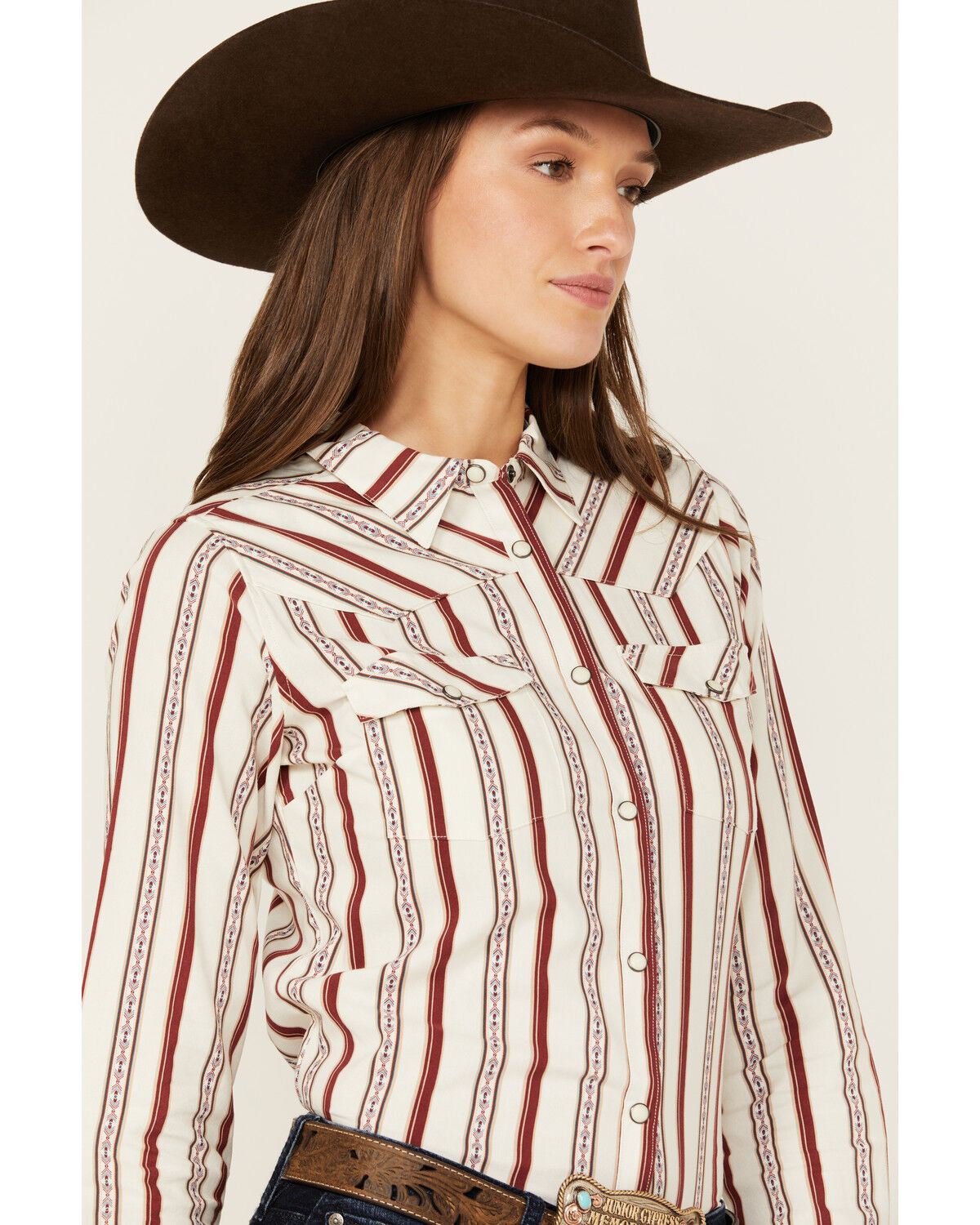 Image #2 - Shyanne Women's Rocksprings Striped Long Sleeve Snap Western Shirt, Brick Red, hi-res
