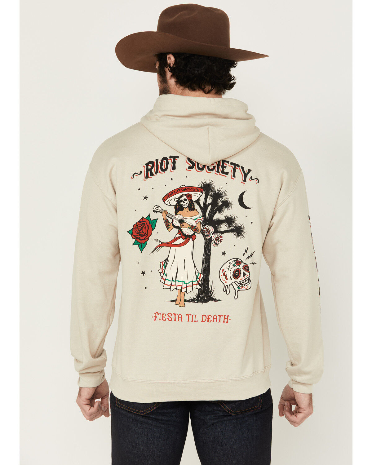 Image #1 - Riot Society Men's Boot Barn Exclusive Fiesta Til Death Cowgirl Graphic Hooded Sweatshirt, Sand, hi-res