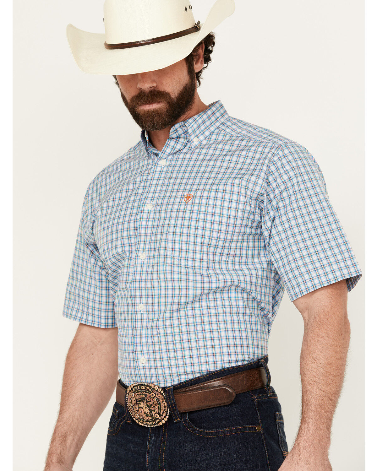 Image #2 - Ariat Men's Richard Plaid Print Short Sleeve Button-Down Performance Western Shirt, Blue, hi-res