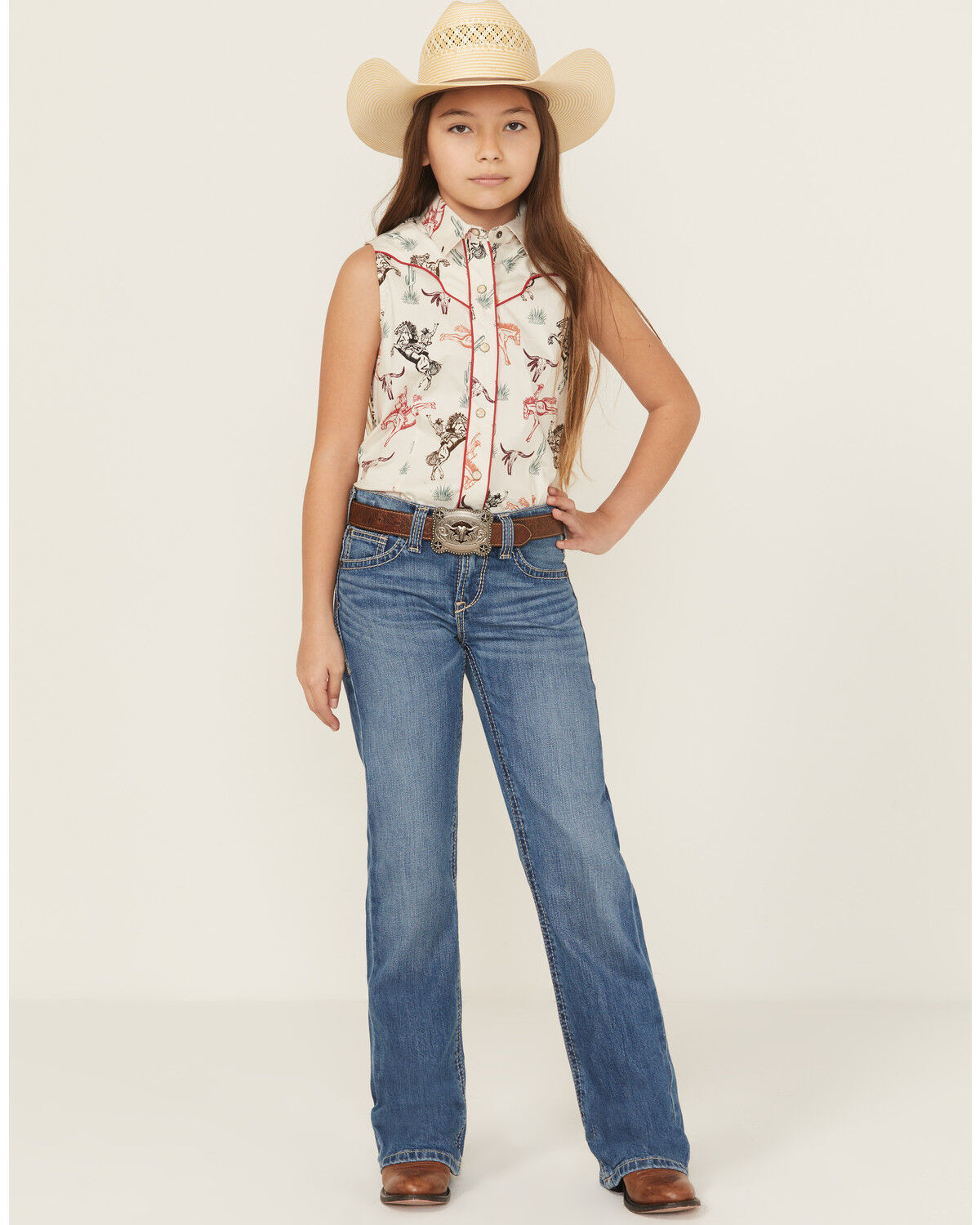 Image #1 - Ariat Girls' Medium Wash Bootcut Stretch Denim Jeans, Medium Wash, hi-res