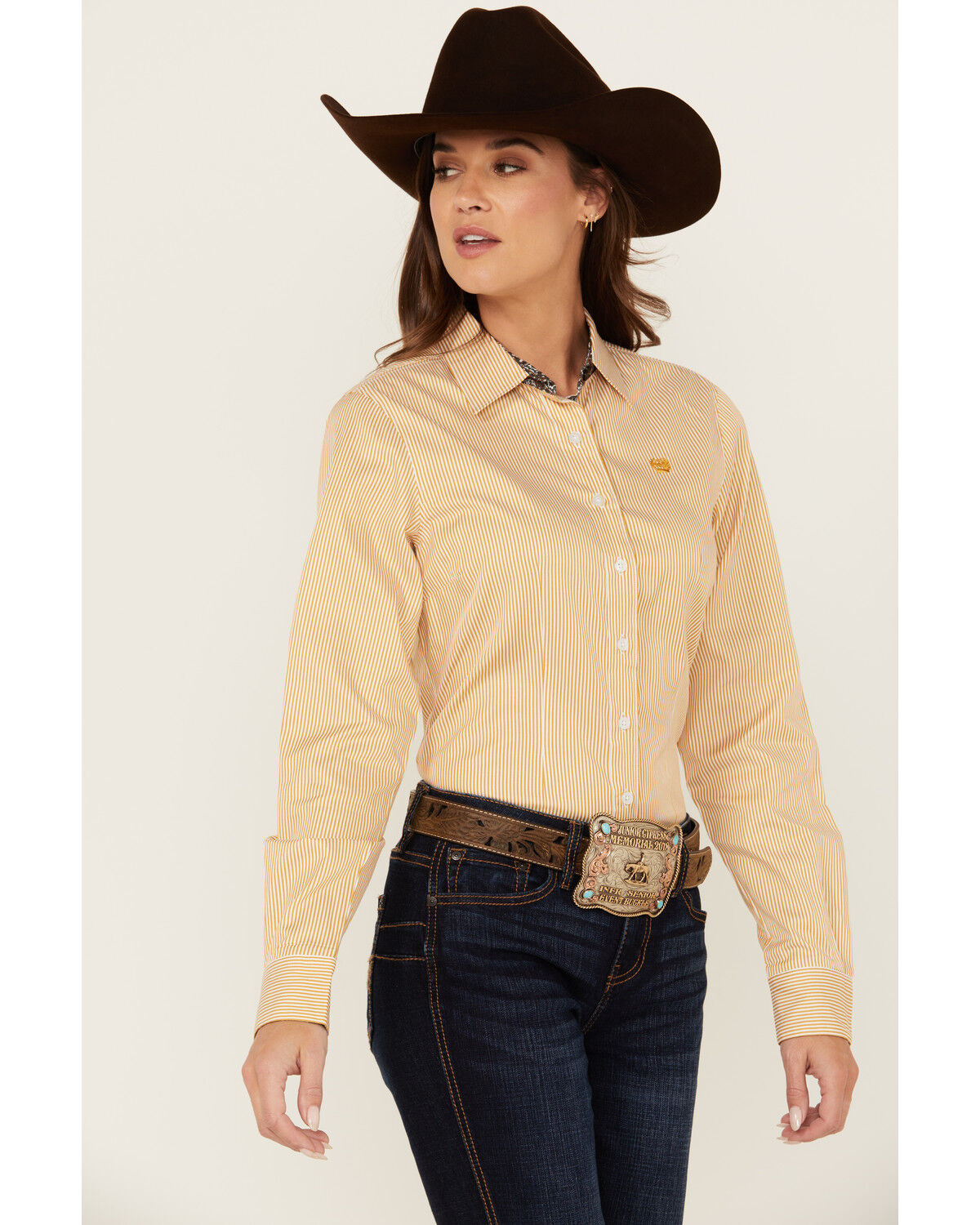 Image #2 - Cinch Women's Striped Long Sleeve Button-Down Western Shirt, Gold, hi-res