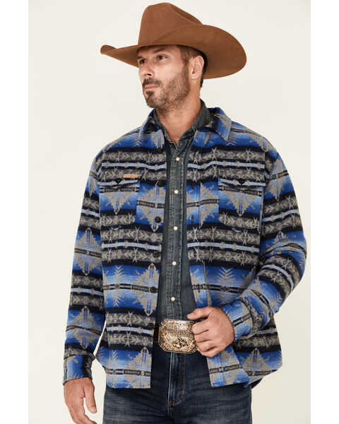 Image #1 - Powder River Outfitters Men's Blue Southwestern Print Button-Front Wool Shirt Jacket , Blue, hi-res
