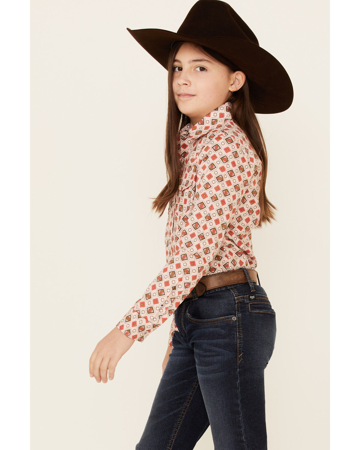 Image #2 - Cruel Girl Girls' Diamond Geo Print Long Sleeve Pearl Snap Western Shirt, Pink, hi-res