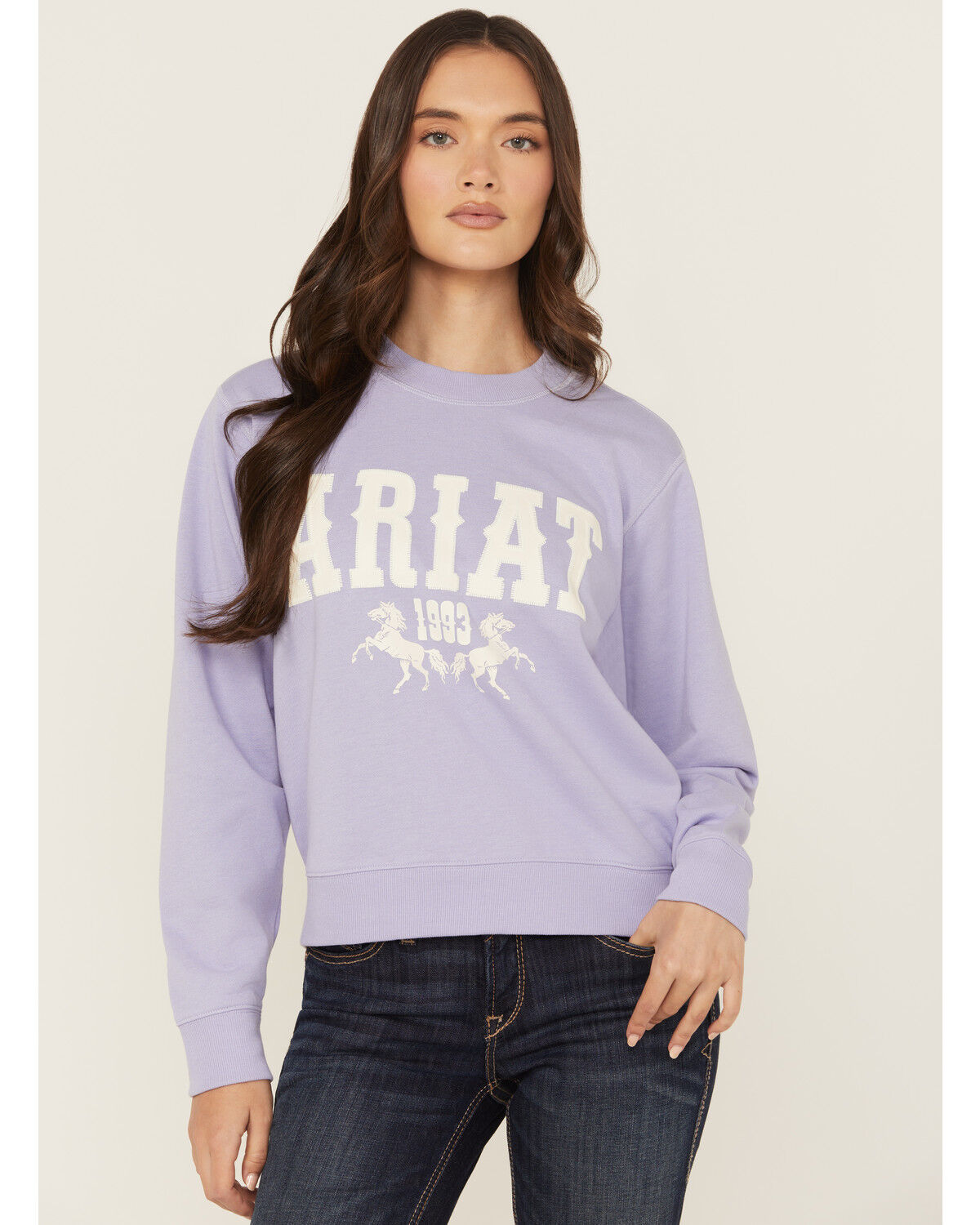 Image #1 - Ariat Women's Boot Barn Exclusive Horse Logo Crewneck, Lavender, hi-res