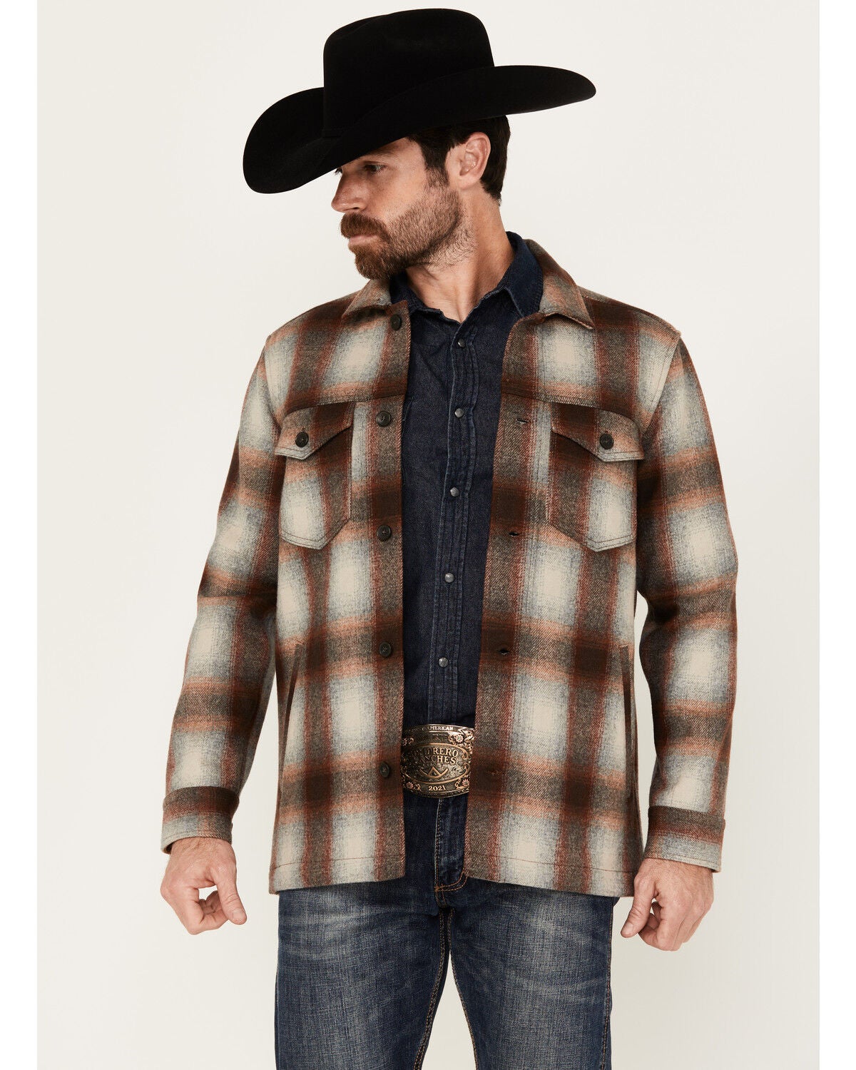 Pendleton Men's Lawson Ombre Plaid Print Long Sleeve Button-Down Shirt Jacket, Brown, hi-res