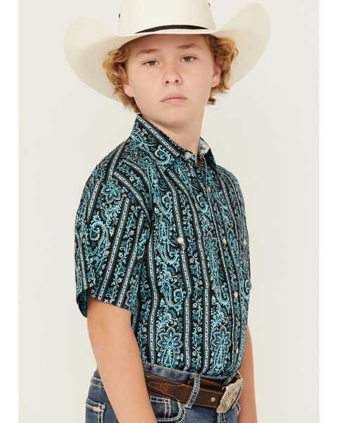 Image #2 - Panhandle Select Boys' Paisley Print Short Sleeve Pearl Snap Western Shirt, Dark Teal, hi-res