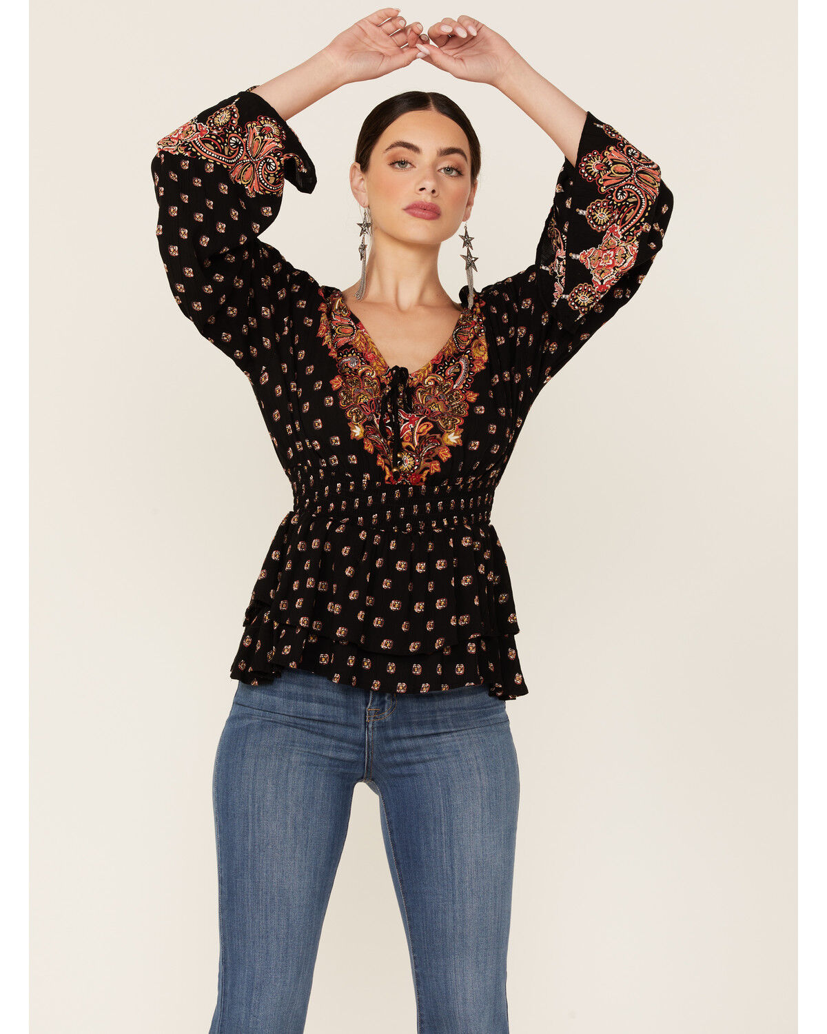 Image #4 - Angie Women's Bell Sleeve Floral Border Print Top, , hi-res
