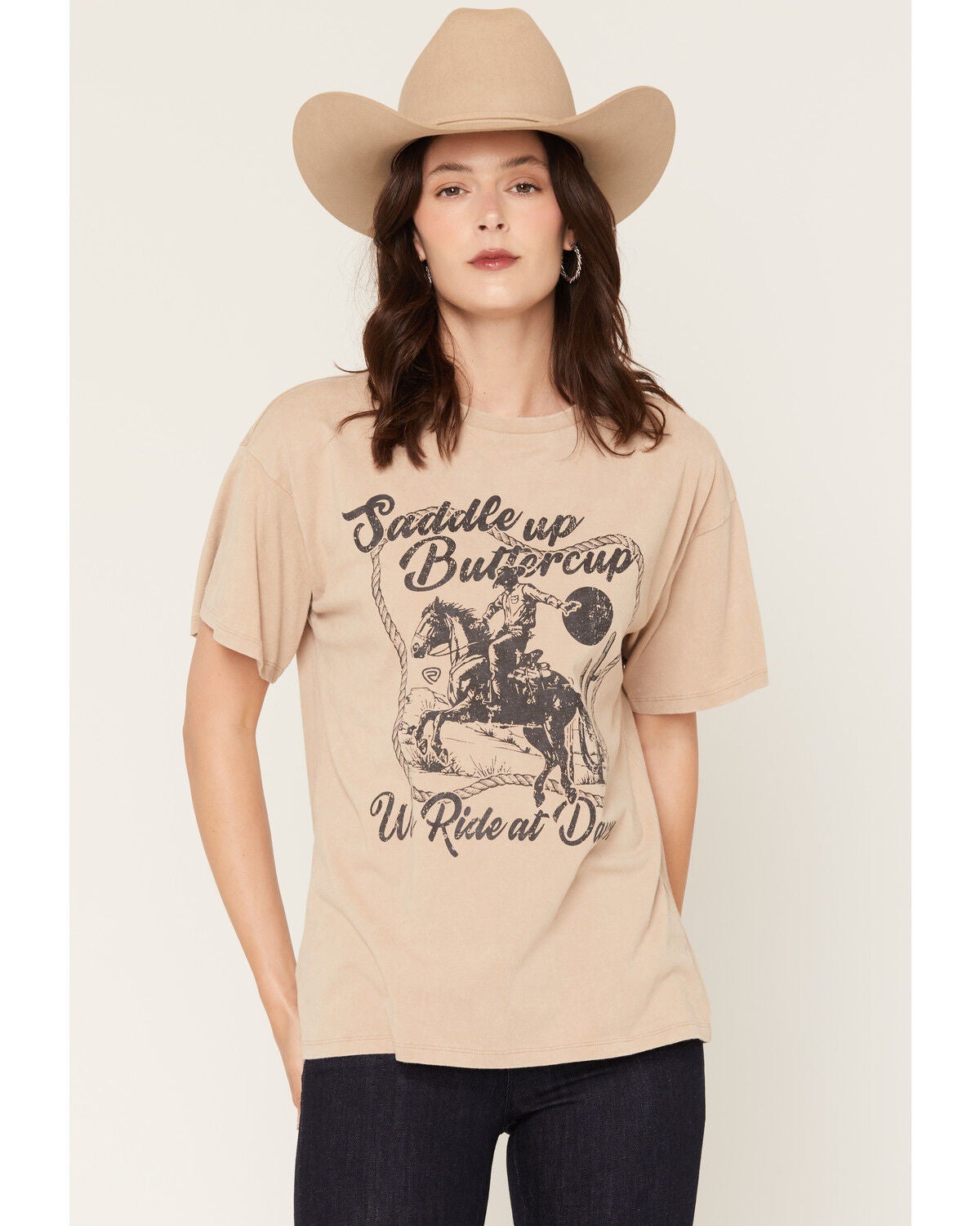 Image #1 - Rock & Roll Denim Women's Saddle Up Short Sleeve Graphic T-Shirt, Taupe, hi-res