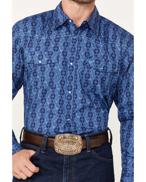 Image #3 - Cowboy Hardware Men's Tonal Southwestern Print Long Sleeve Pearl Snap Western Shirt, Blue, hi-res