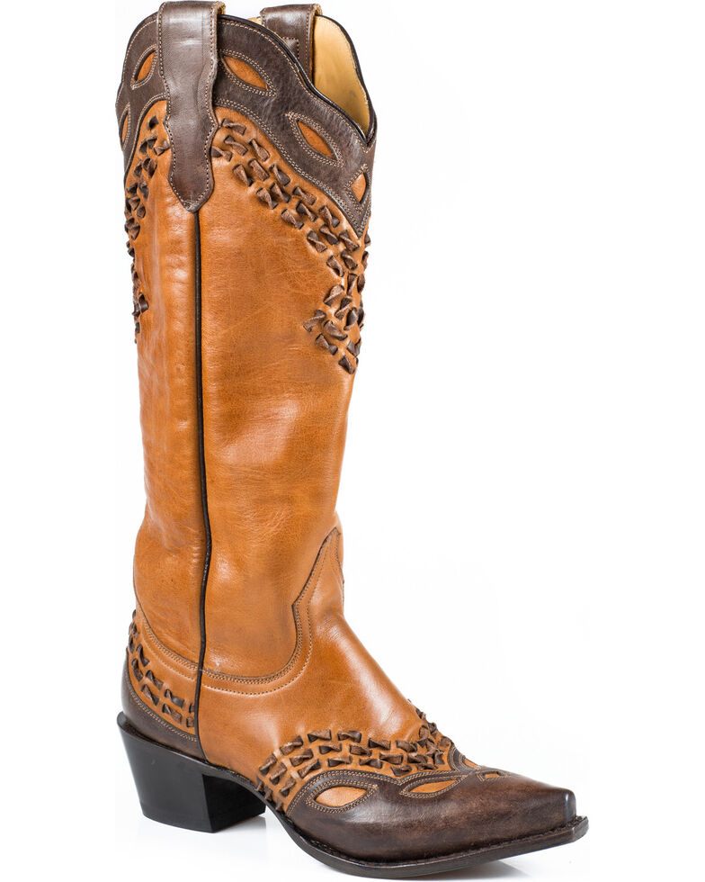 Stetson Women's 15" Burnished Box Stitch Western Boots - Snip Toe, Tan, hi-res