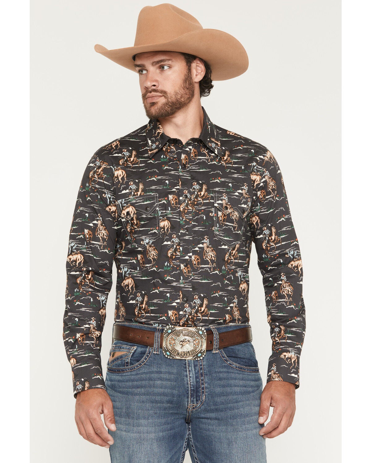 Image #1 - Rock & Roll Denim Men's Vintage Conversational Print Long Sleeve Snap Western Shirt, Charcoal, hi-res