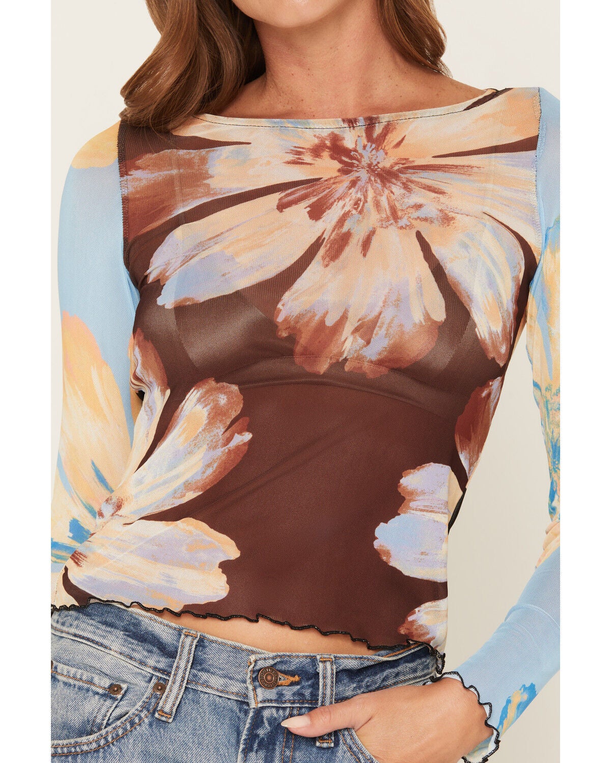 Image #3 - Wild Moss Women's Floral Print Long Sleeve Mesh Top, Multi, hi-res