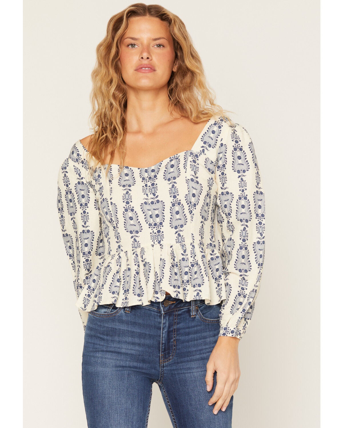 Image #1 - Sendero Provisions Ada Guitar Floral Print Long Sleeve Blouse, Cream, hi-res