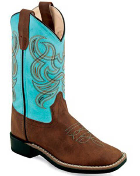 Old West Girls' Embroidered Western Boots - Broad Square Toe, Teal, hi-res