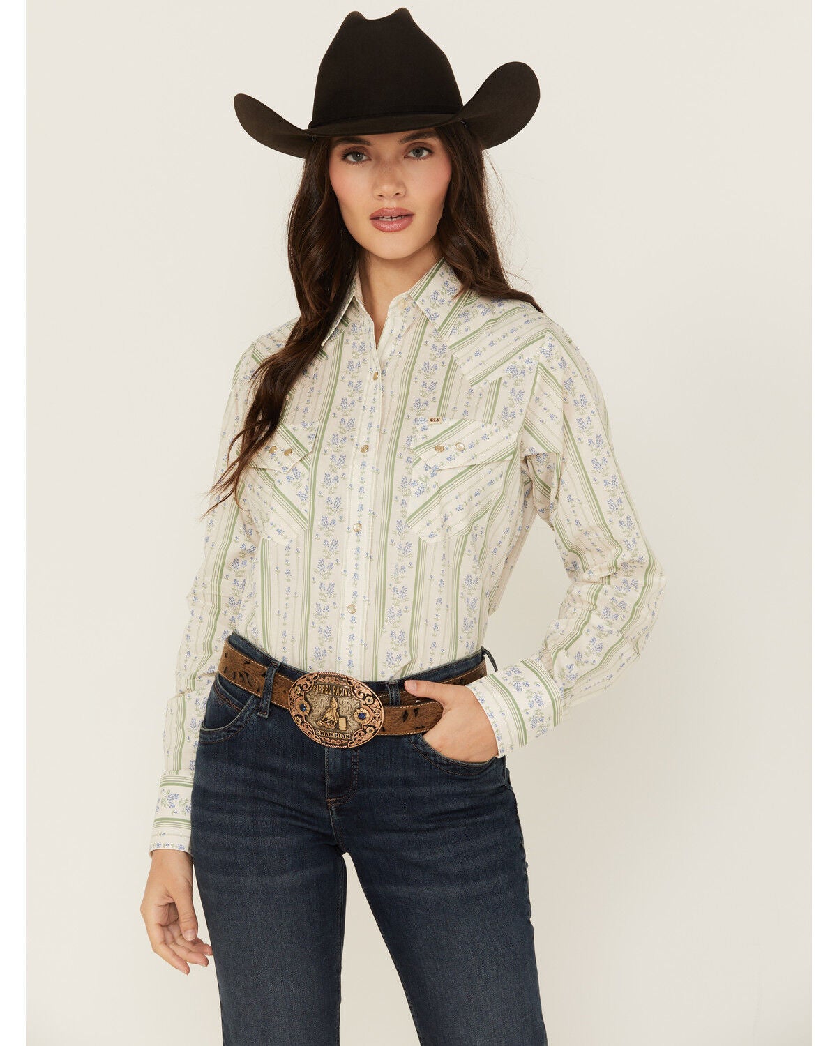 Cowboygirl by Jenna Paulette Women's Wallpaper Long Sleeve Pearl Snap Western Shirt, Green, hi-res