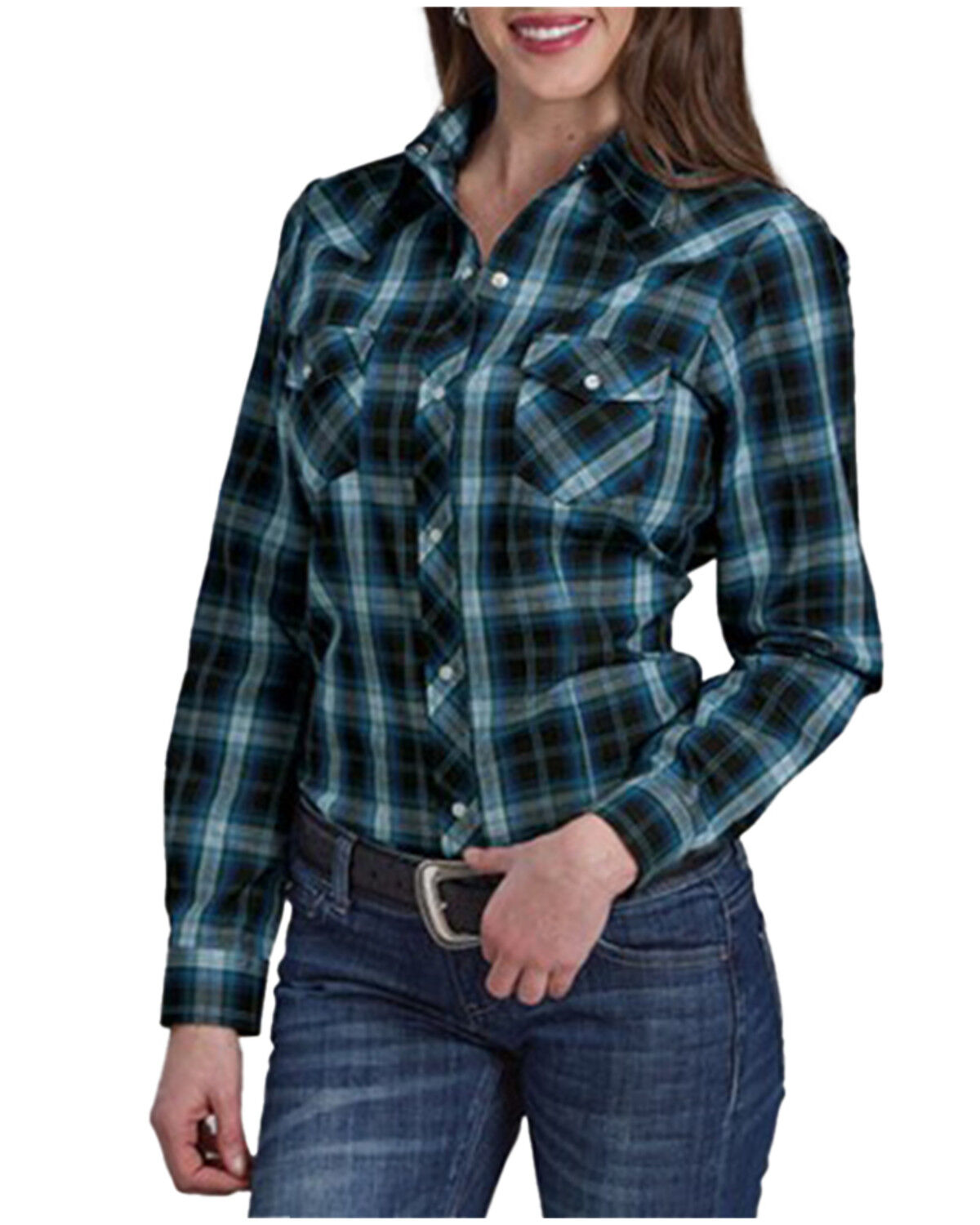 Image #1 - Roper Women's Windowpane Plaid Print Long Sleeve Snap Western Shirt, Blue, hi-res