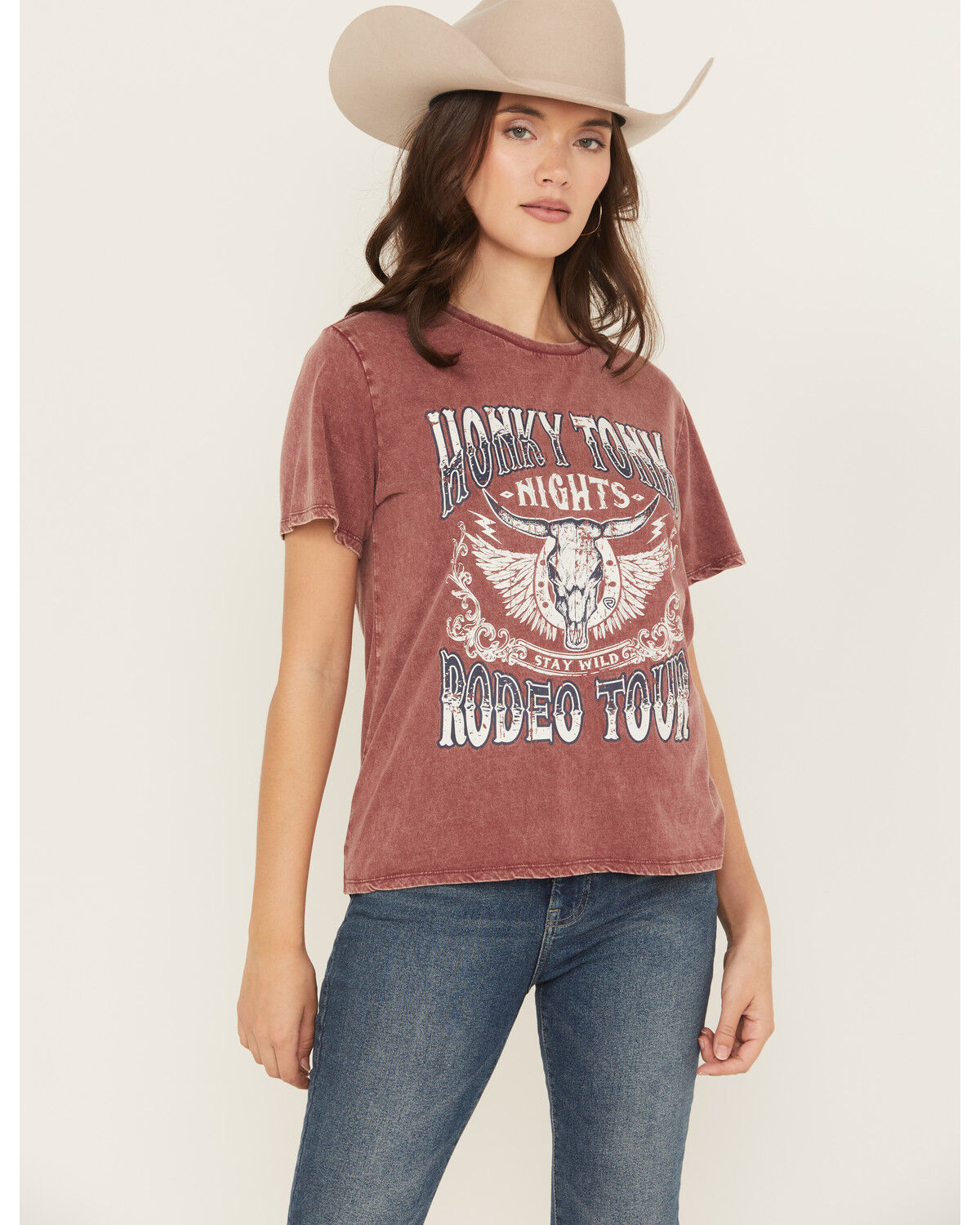 Image #1 - Rock & Roll Denim Women's Honky Tonk Short Sleeve Graphic Tee, Red, hi-res