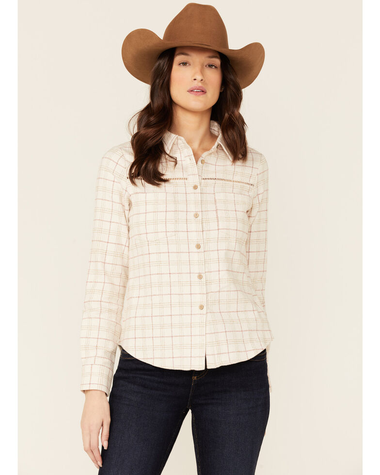 Shyanne Women's Plaid Ivory Trim Detail Long Sleeve Button Shirt, Ivory, hi-res