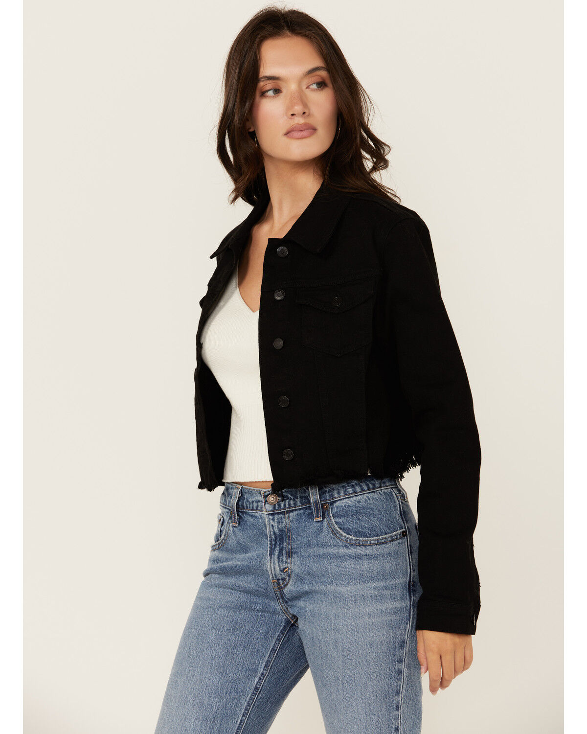 Image #1 - Cello Women's Frayed Cropped Denim Jacket, Black, hi-res